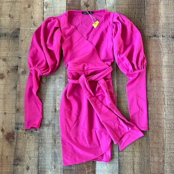 Boohoo Dresses & Skirts - Bohoo Pink Scuba Puff Sleeve Wrap Mini Dress With Belt Size 2